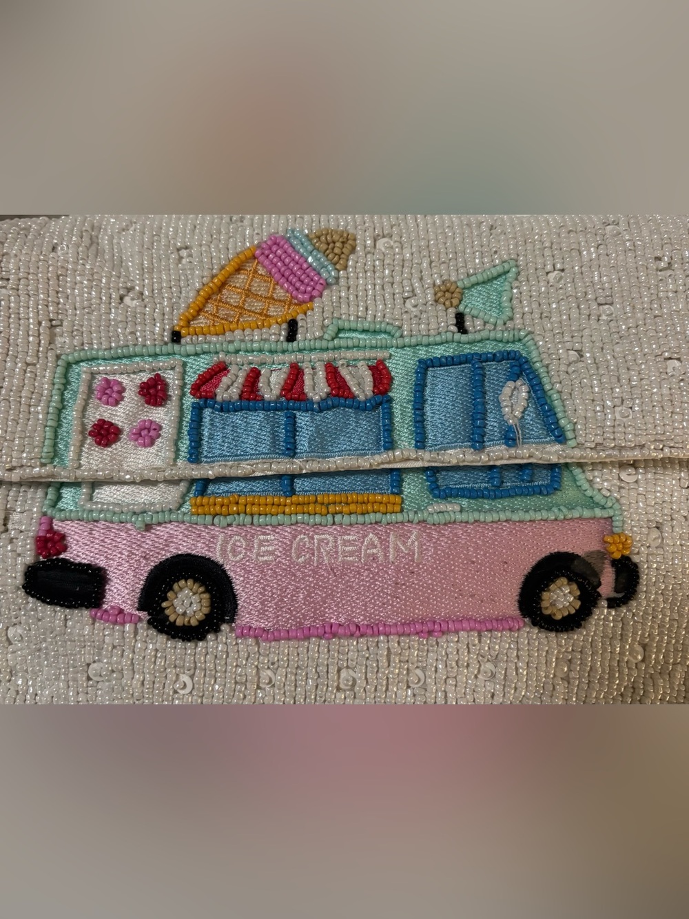 Beaded Pink Ice Cream Truck Embroidered Clutch